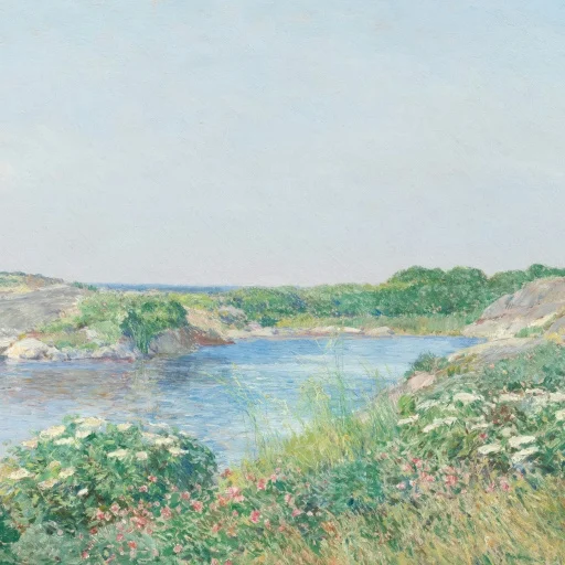An impressionist painting of a river bank in bloom